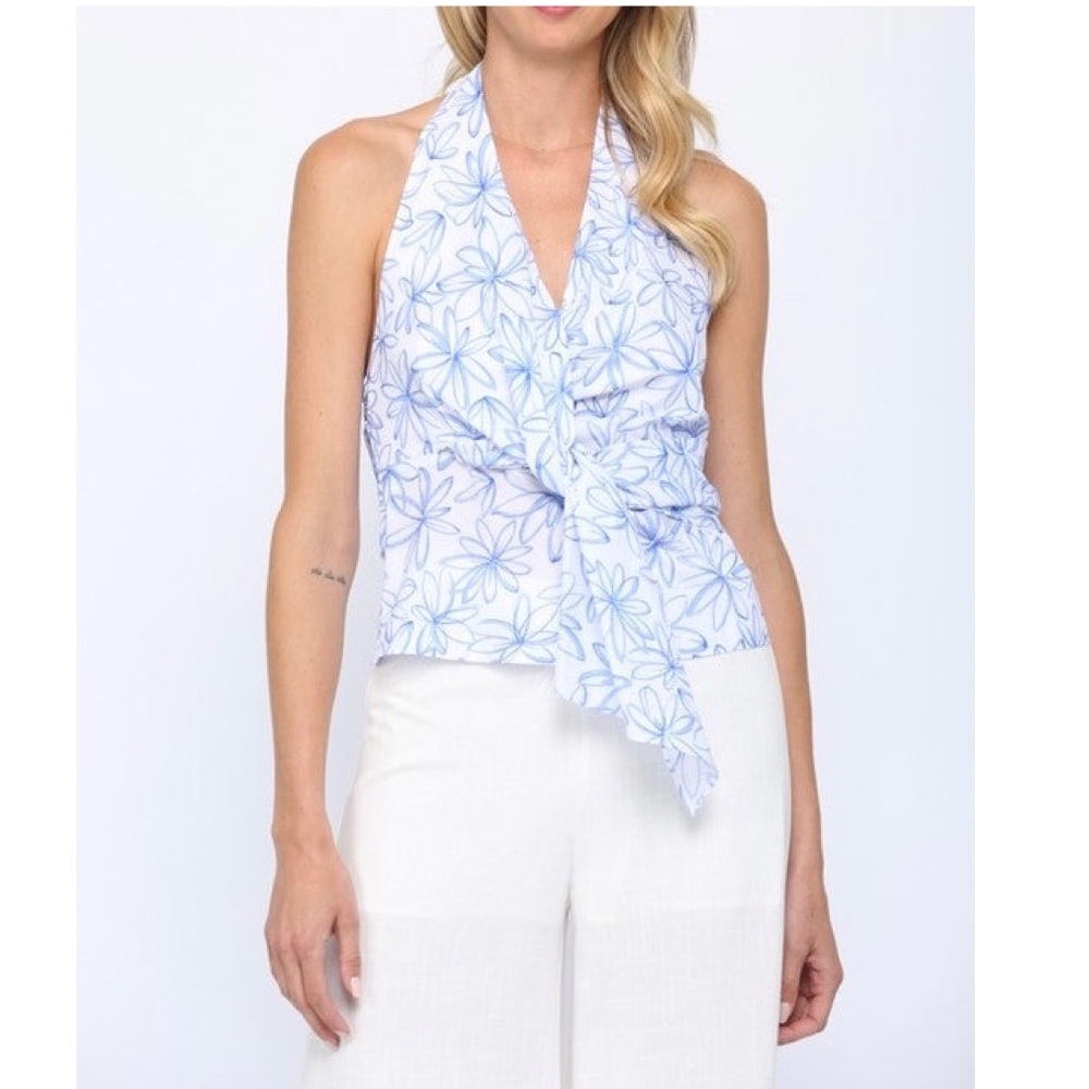 Fate Aldari White Blue Floral Front Twist Halter Open Back Cotton Top Size Small